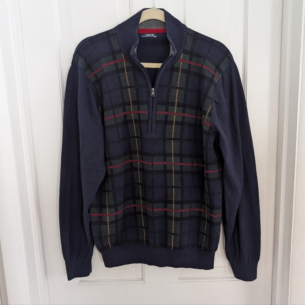 Izod Mens Tartan Plaid Sweater LARGE 1/4 Zip Preppy Academia Grandpa Old‎ Money